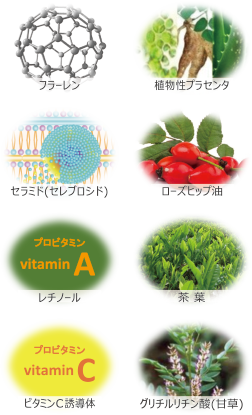 フラーレン・植物性プラセンタ・セラミド（セレブロシド）・ローズヒップ油・レチノール・茶葉・ビタミンC誘導体・グリチルリチン酸（甘草）